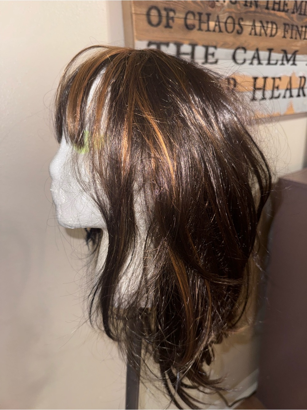 Chestnut Brown human hair blend Wig with Caramel Highlights - Women Hair